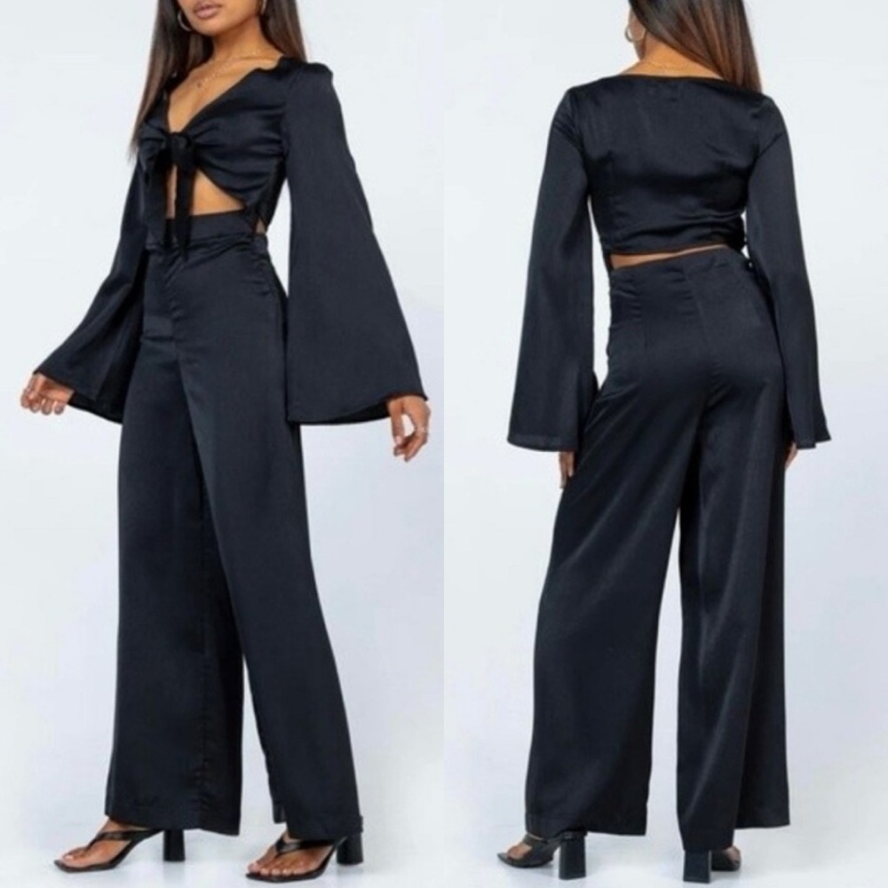 Princess Polly Kali Satin Cut Out Bell Sleeve Jumpsuit in Black Size 2